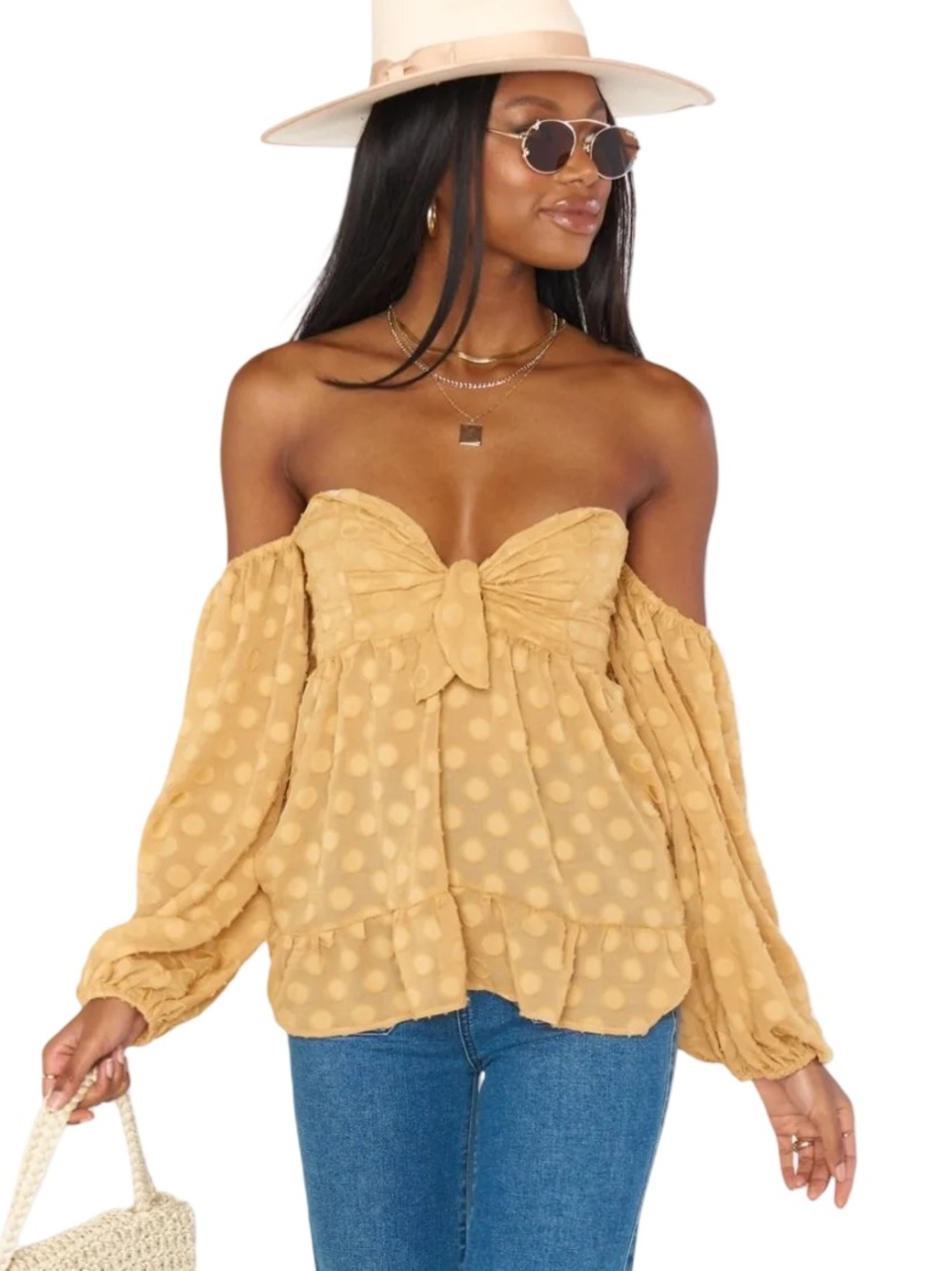 ✨💛 Show Me Your‎ MuMu Nita Top in Gold Dot off the shoulder Textured/Sheer 💛✨